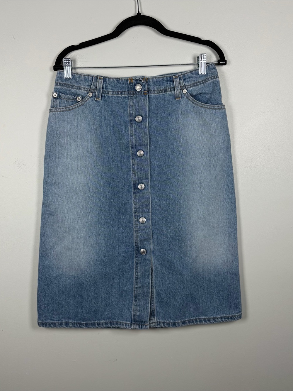 Vintage Y2K 2000s Levi's Jean Western Blue Denim Modest Snap Front Midi Skirt 8